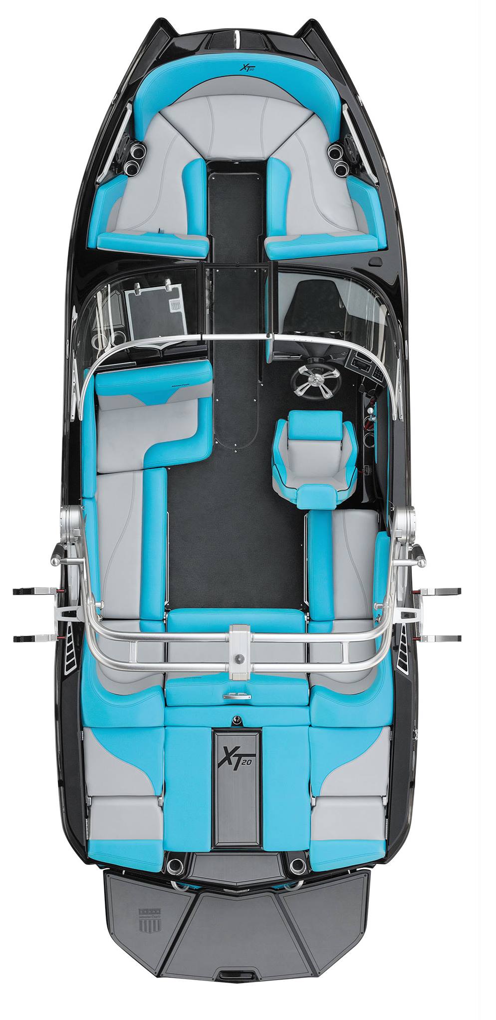 Vue du dessus du MasterCraft XT20 avec les rangements contenant du matériel d’urgence